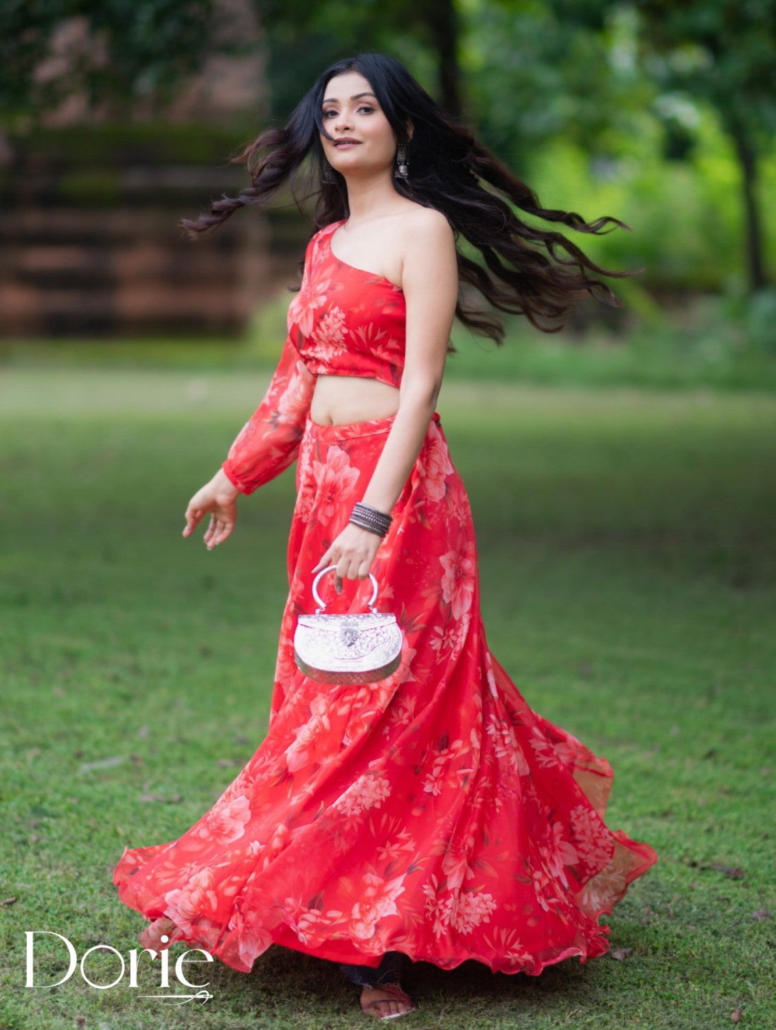 Red Organza Lehenga by Dorie