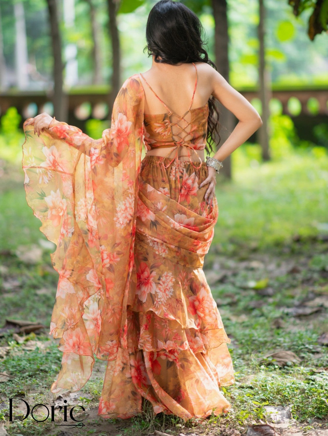 Mustard Yellow Organza Pre Draped Saree by Dorie