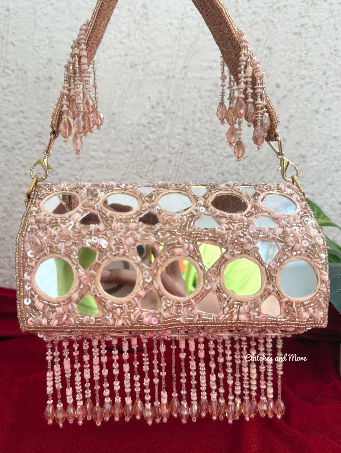 Cylindrical Mirror Bag with Tassles Rose Gold