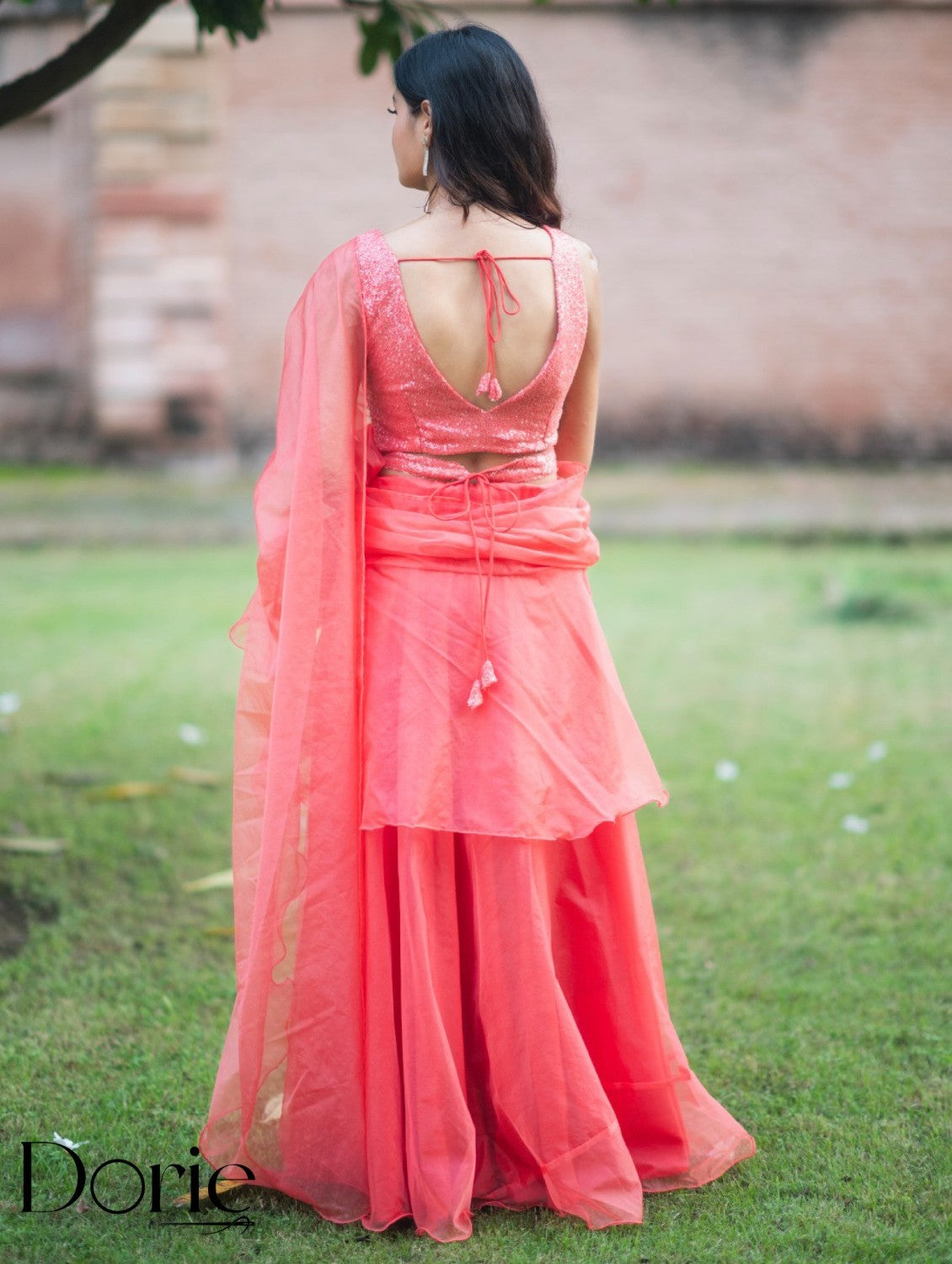 Peach Organza Pre Draped Saree Lehenga by Dorie