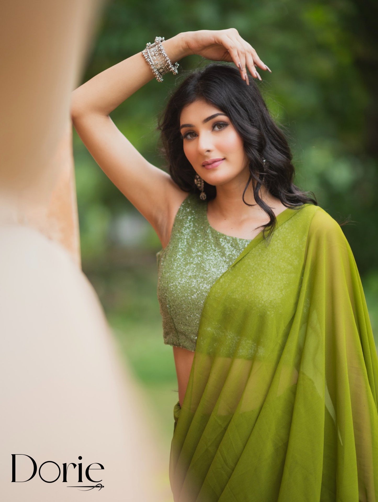 Green Georgette Pre Draped Sharara Saree by Dorie