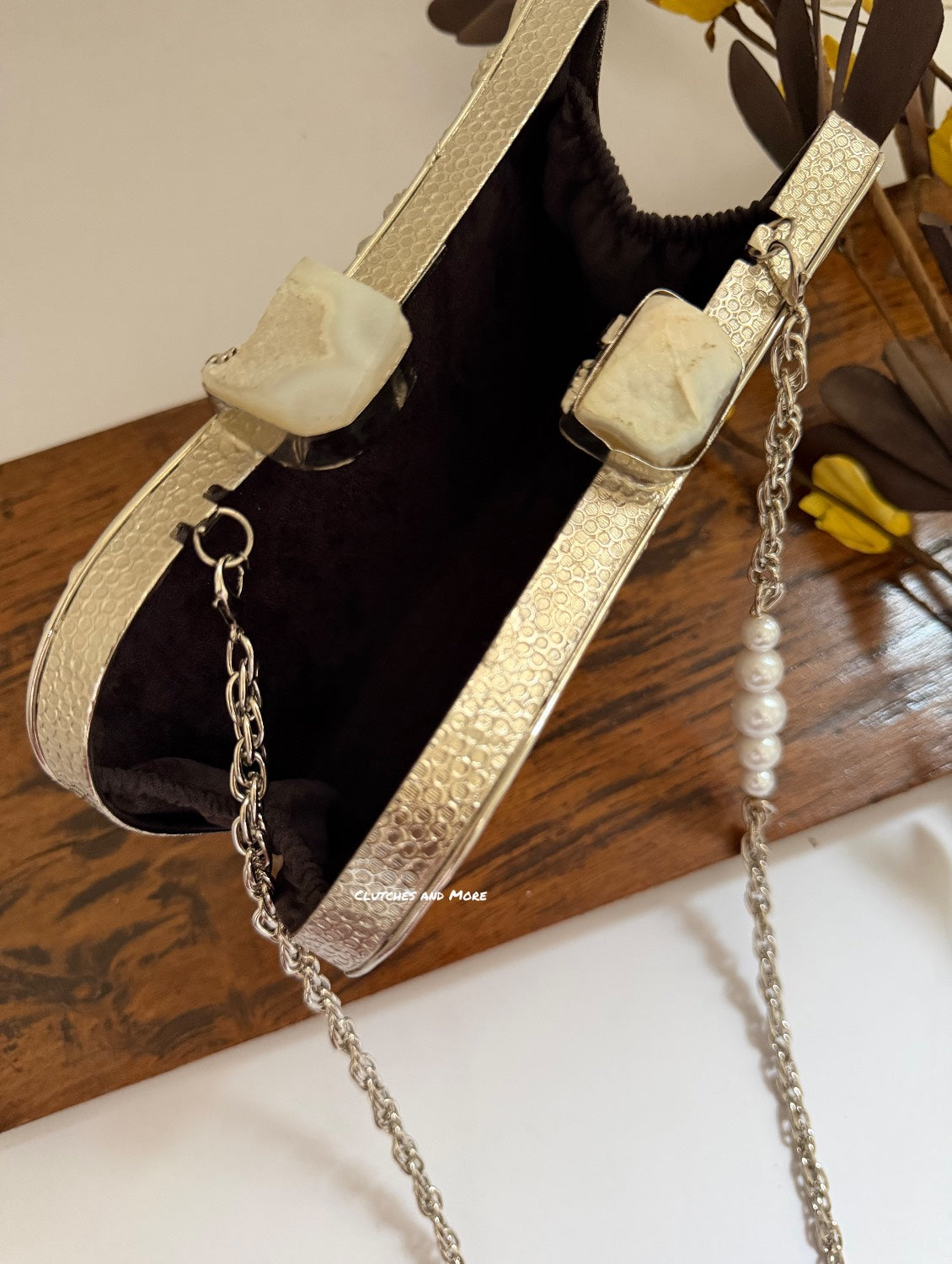 Mehbooba Mother of Pearl Clutch White Silver