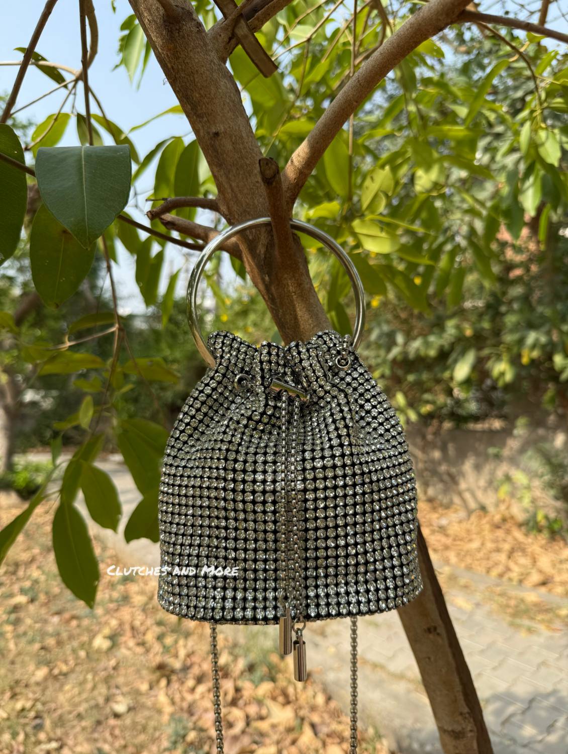 Hazel Rhinestone Bucket Bag Silver