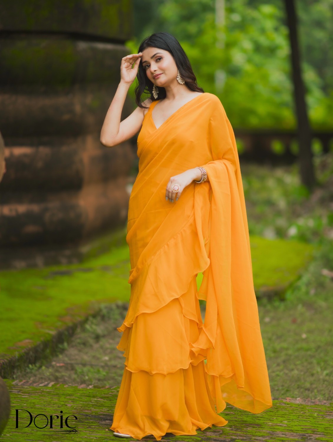 Yellow Georgette Pre Draped Saree by Dorie