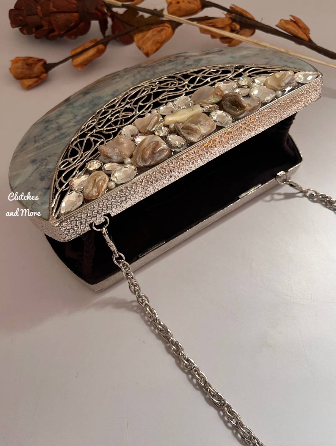 Half moon mother of pearl Silver clutch