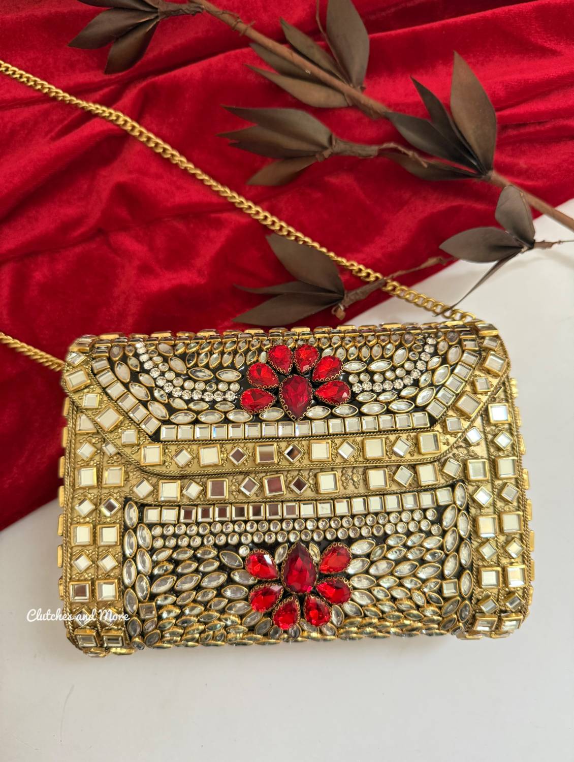 Kashish Kundan Brass Clutch Gold Red