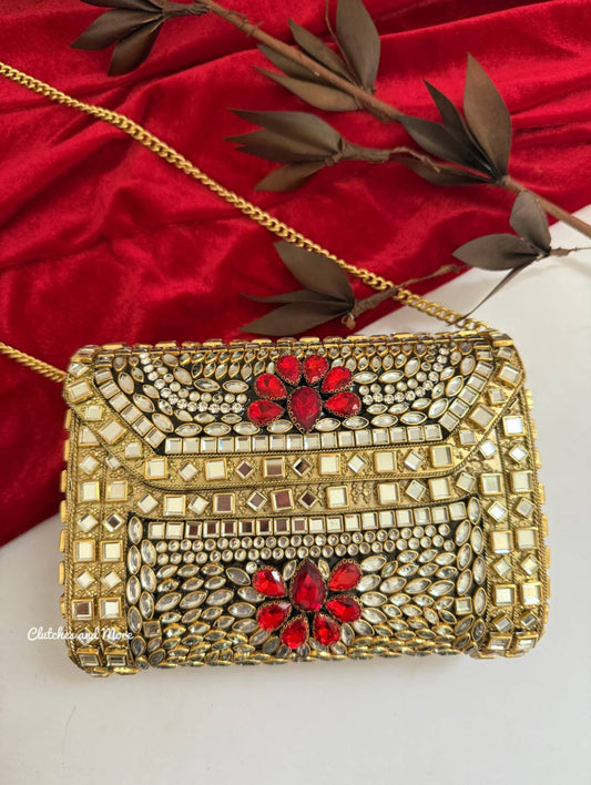 Kashish Kundan Brass Clutch Gold Red