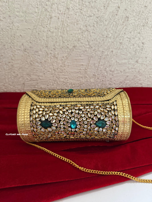 Kasika Kundan Brass Clutch Cylindrical ( with multicolored stones )