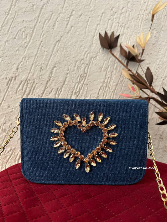 Denim Heart Embellishment Flap Bag