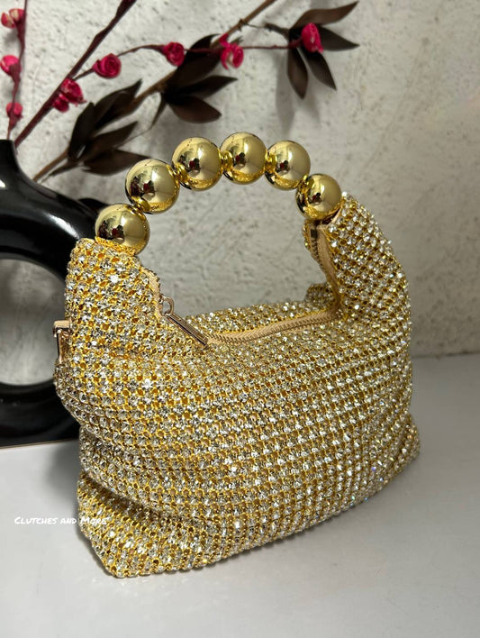 Rhinestone Gold Bag With Pearl Handle