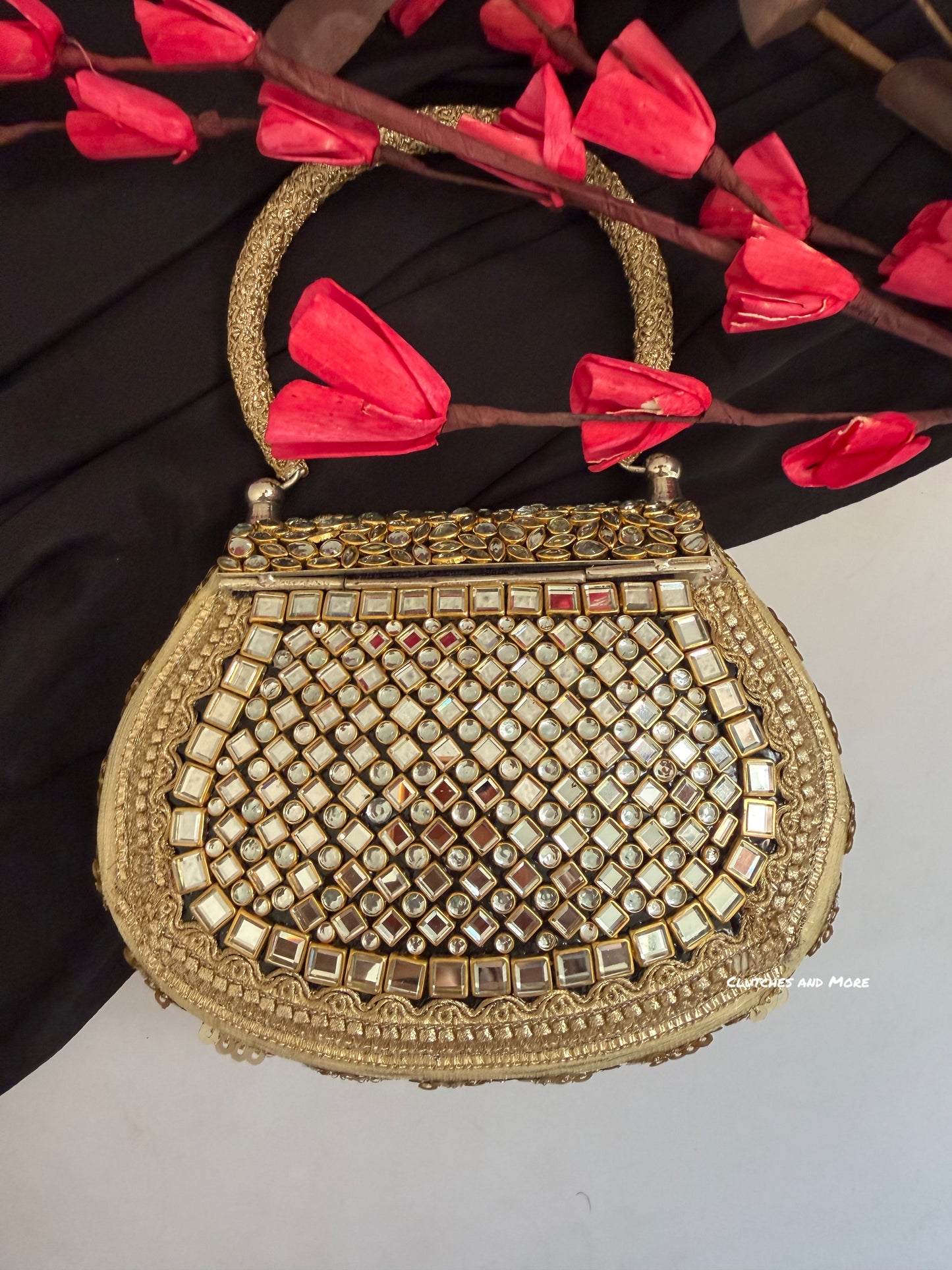 Mehnaaz Kundan Brass Clutch Green Gold White