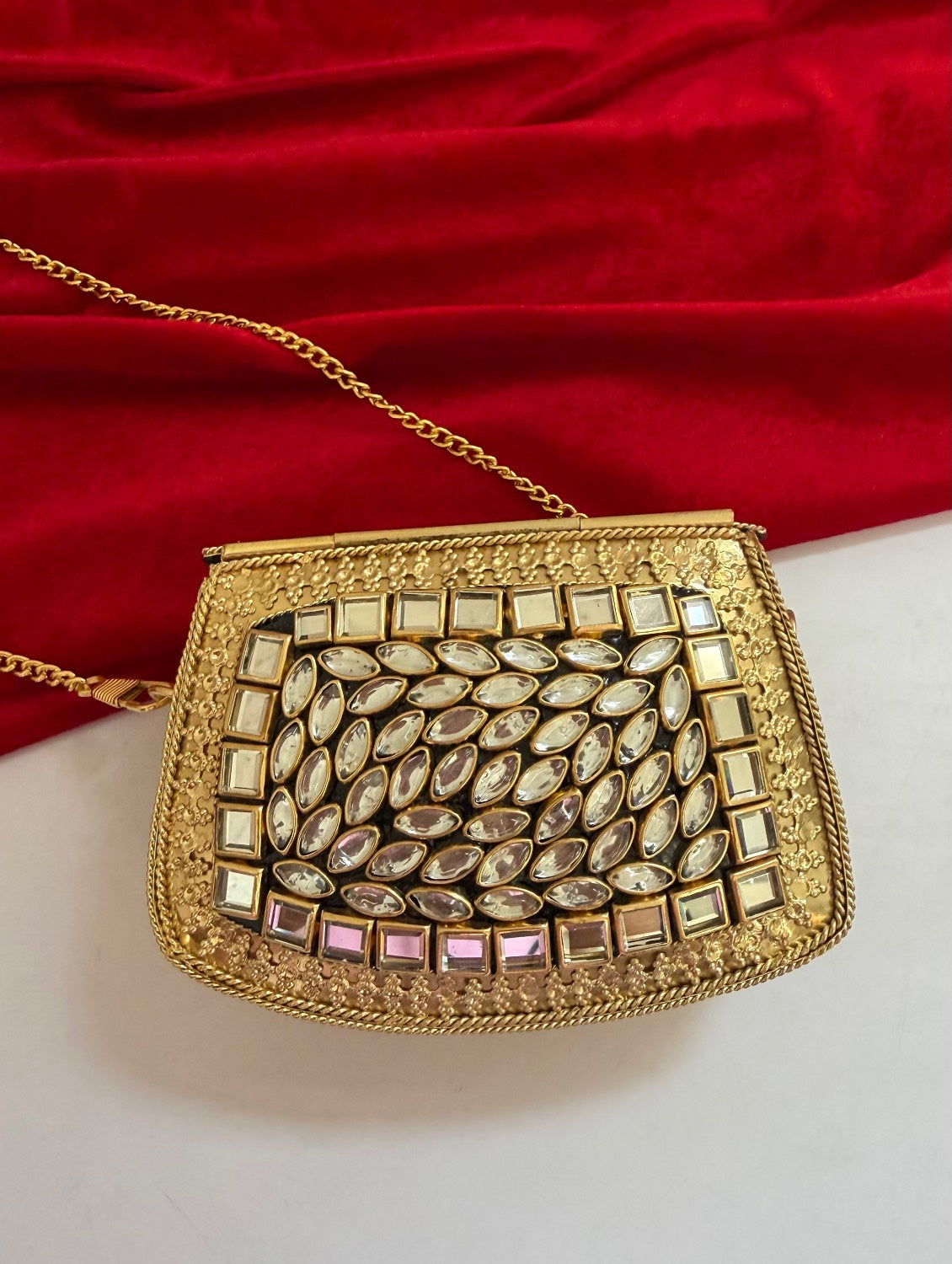 Kasika Kundan Brass Clutch Mini Gold White