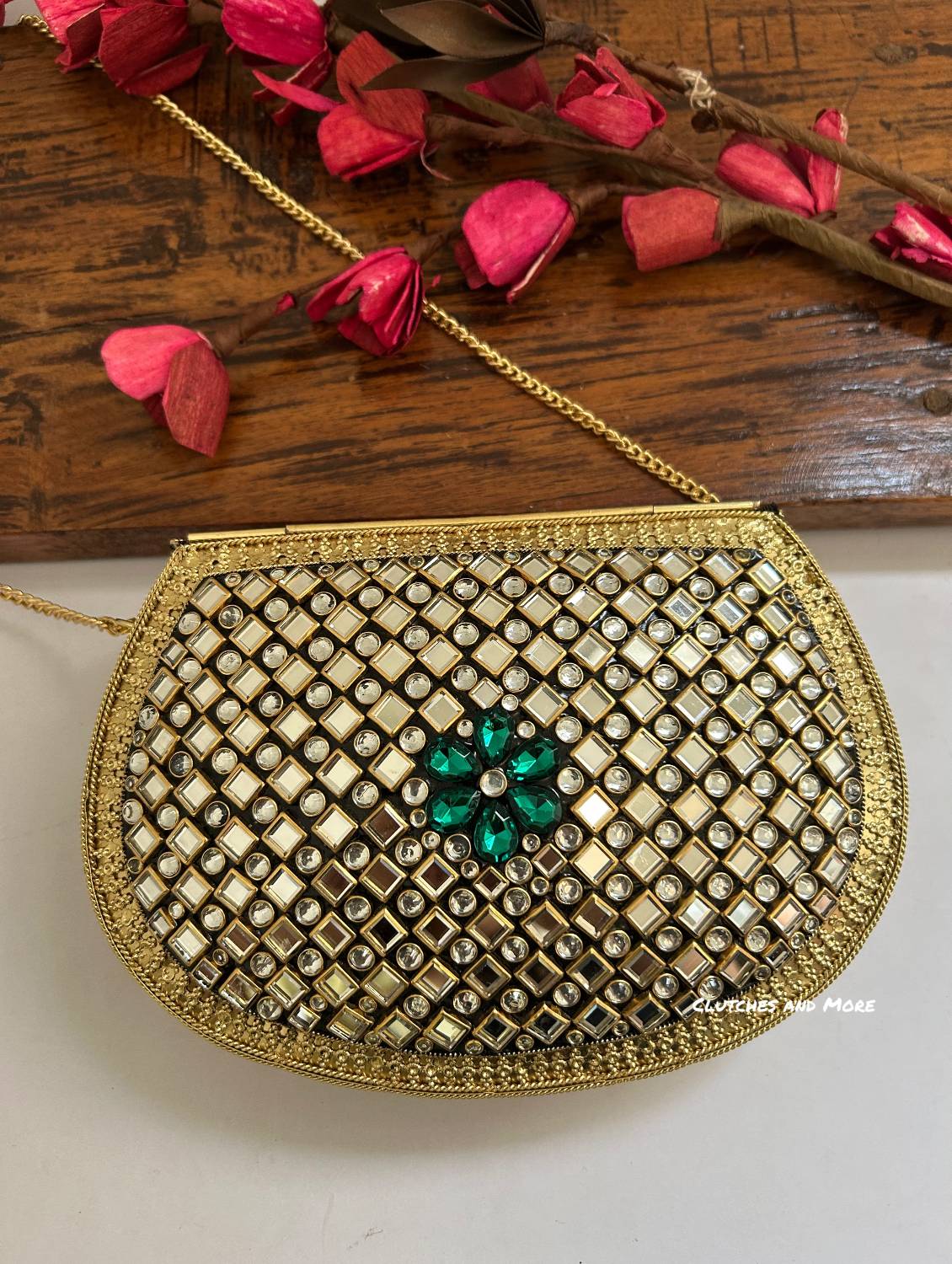 Kasika Kundan Brass Clutch Gold Green
