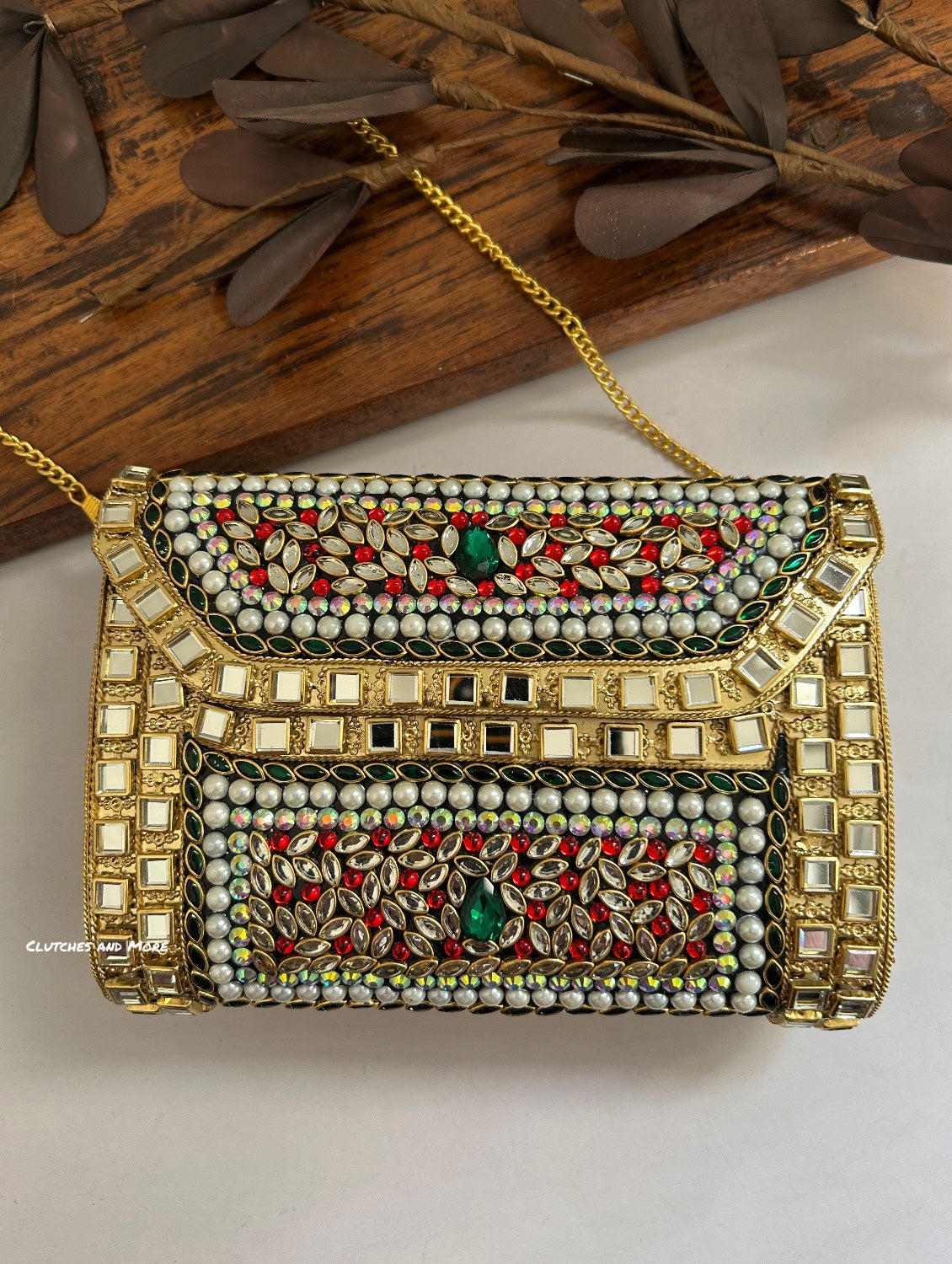 Kasika Kundan Brass Clutch Multicolored