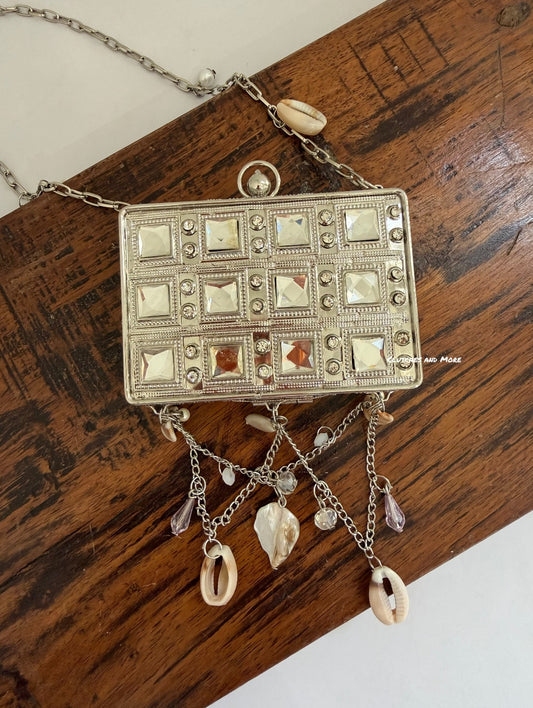 Mini MOP Brass Clutch Square Silver