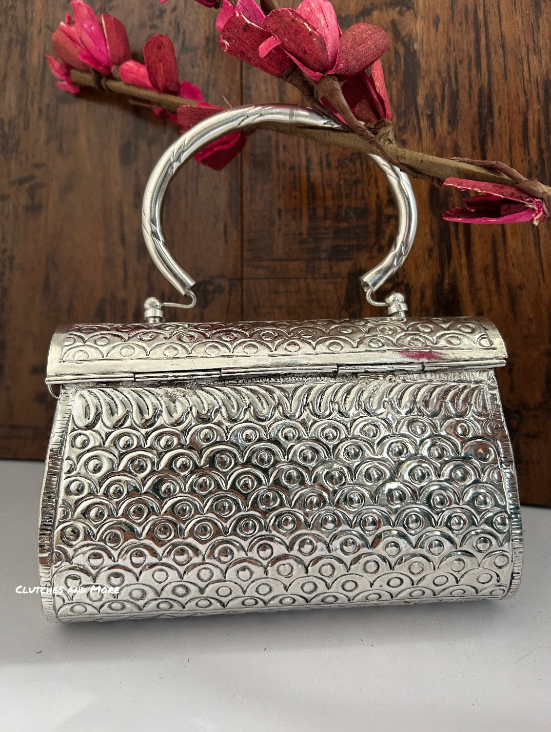 Silver Brass Clutch With Handle and Chain