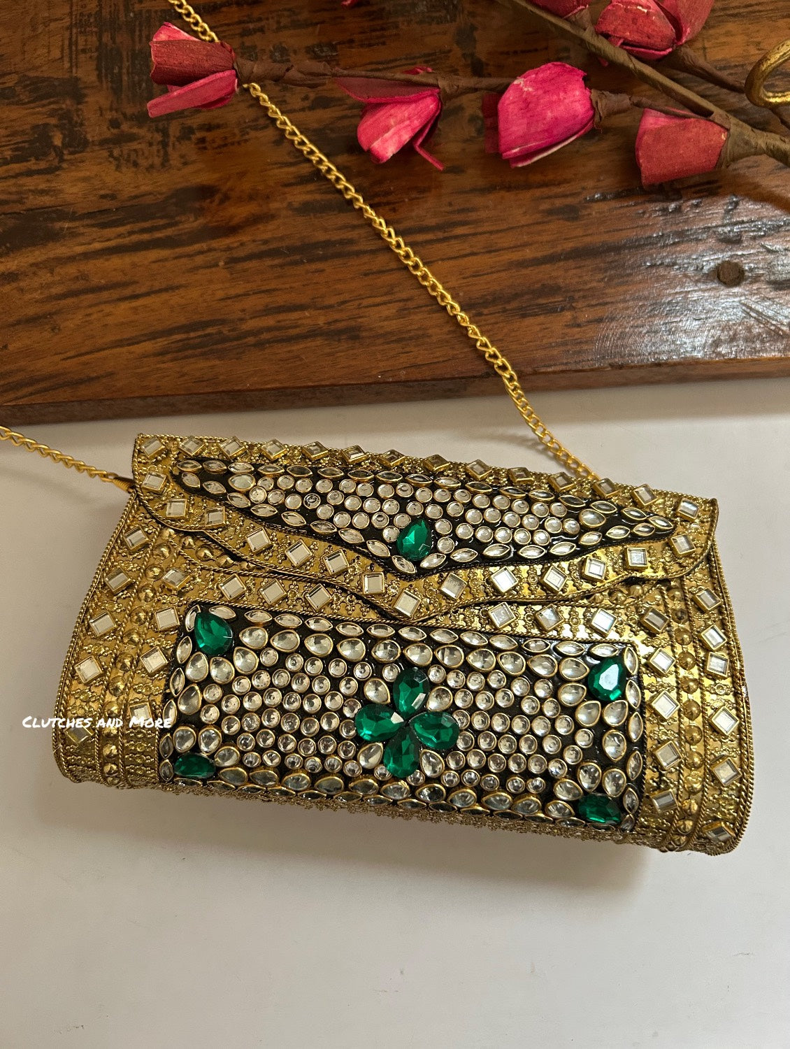 Kasika Kundan Brass Clutch Gold Green