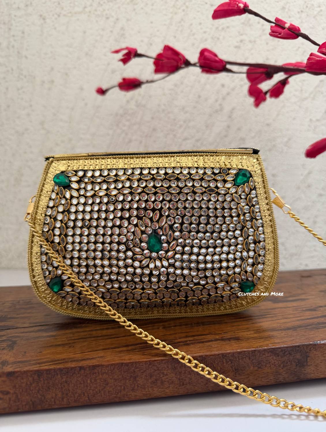Kasika Kundan Brass Clutch Green Gold