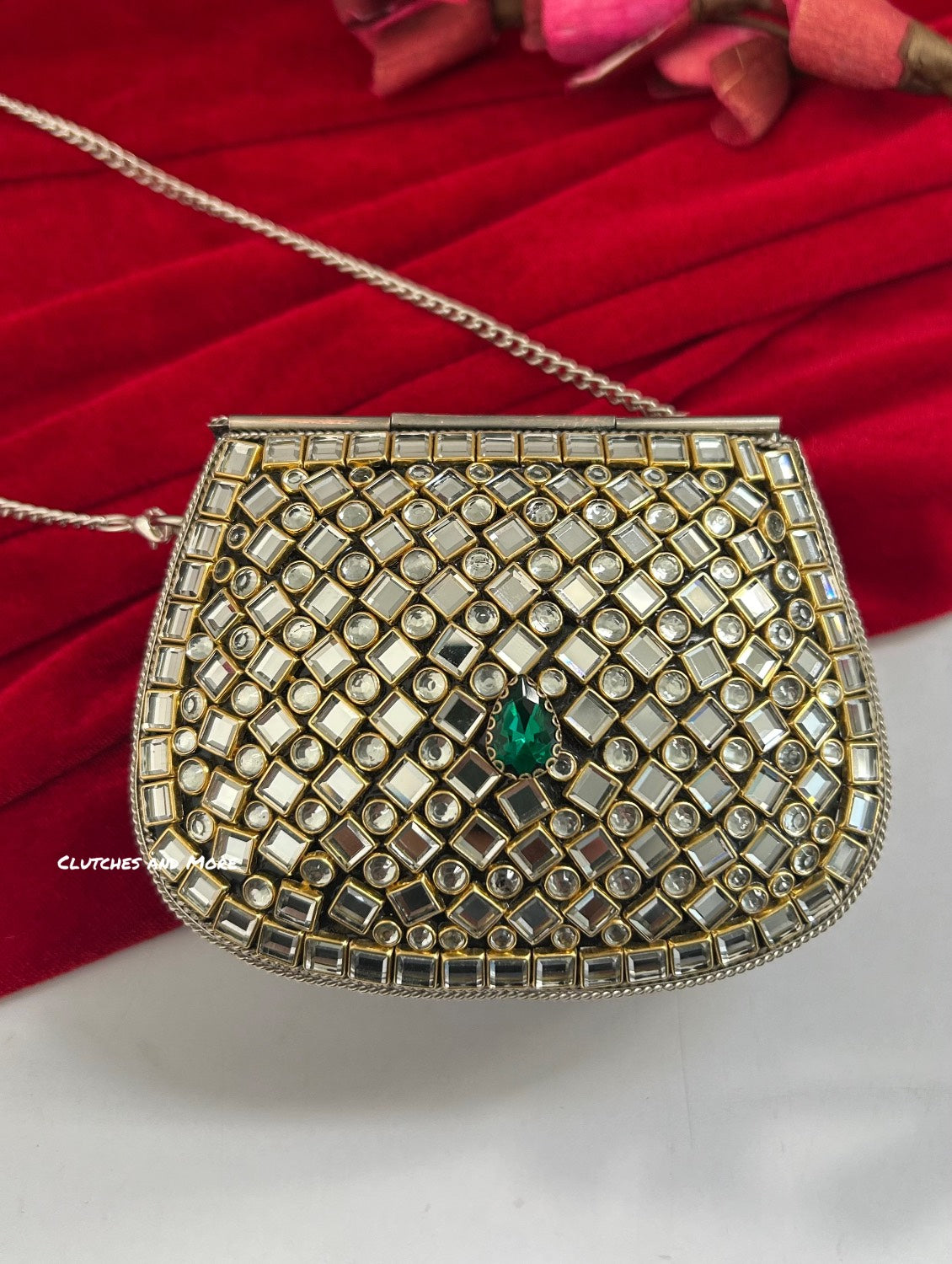 Kasika Kundan Brass Clutch Mini Silver Green