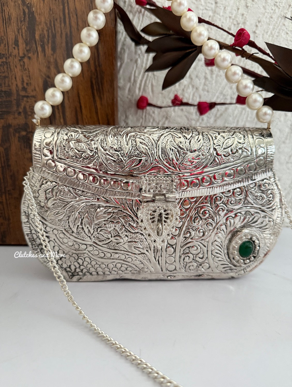 Silver Brass Clutch with Pearl Handle