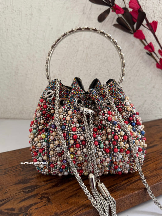 Luxe Multicolored Pearl Bucket Bag