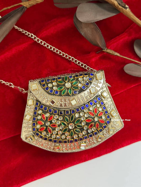 Kasika Kundan Brass Clutch Mini Silver Multicolored