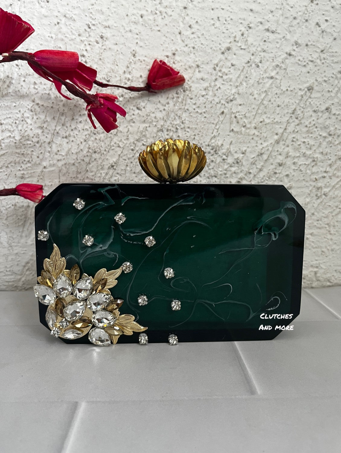 Stone Embedded octagon clutch Green