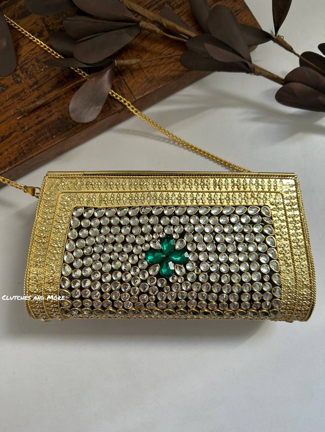 Kasika Kundan Brass Clutch Gold Green
