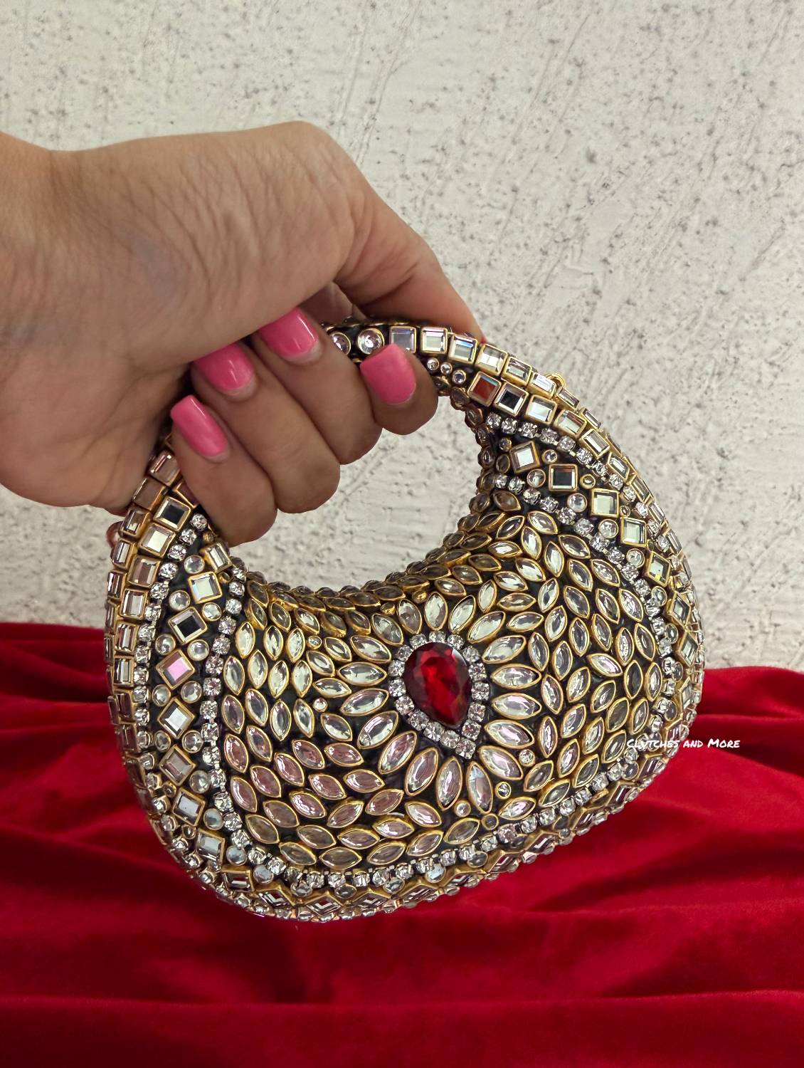 Kiana Kundan Clutch Mini Red Gold