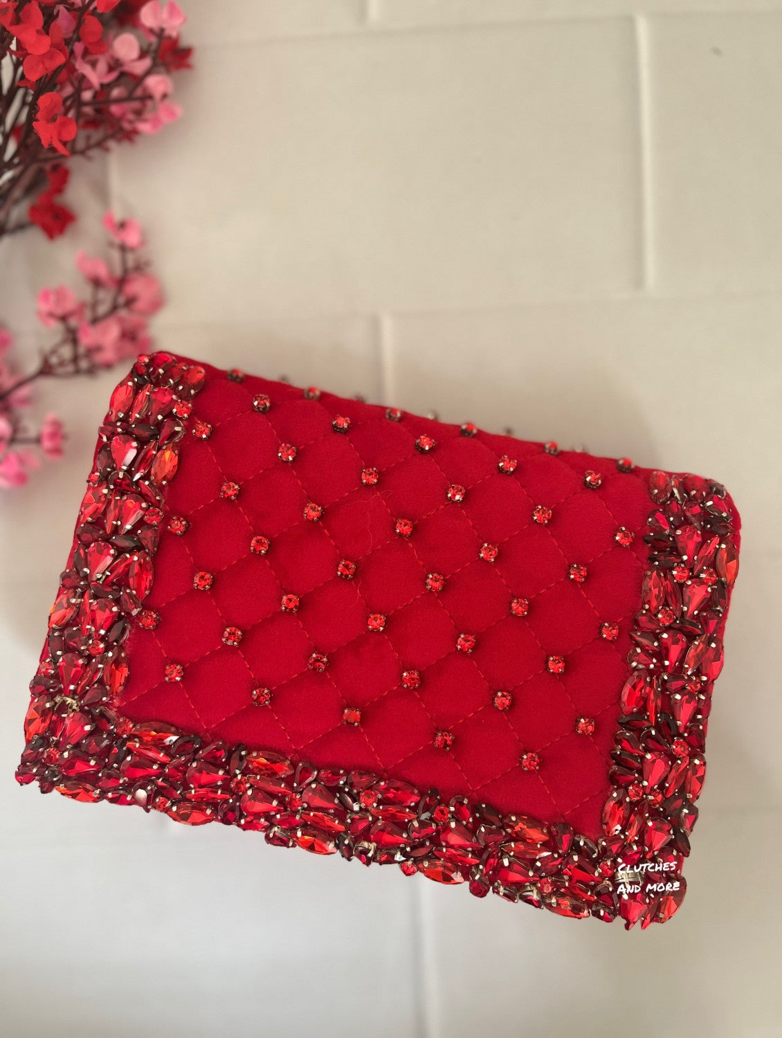 Stone Studded Red Flap Clutch Bag