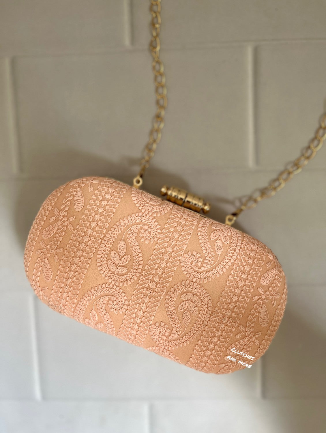 Chikankari Peach capsule clutch