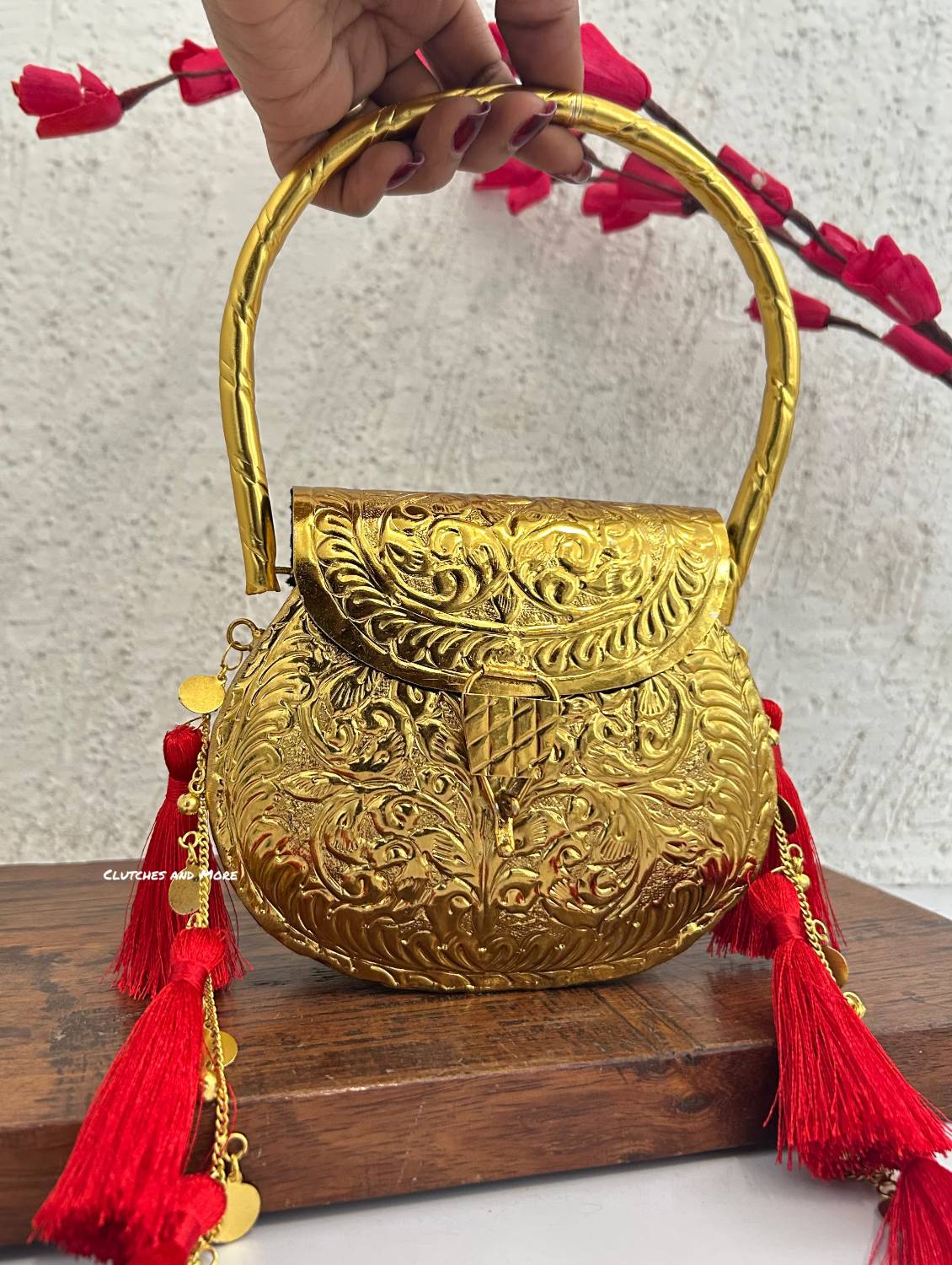 Ridhima Brass Clutch with Tassles (Red)