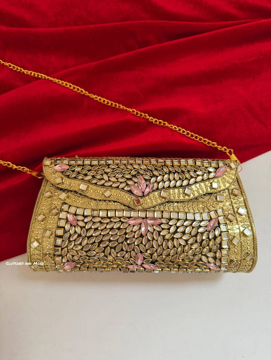 Kasika Kundan Brass Clutch Gold Pink
