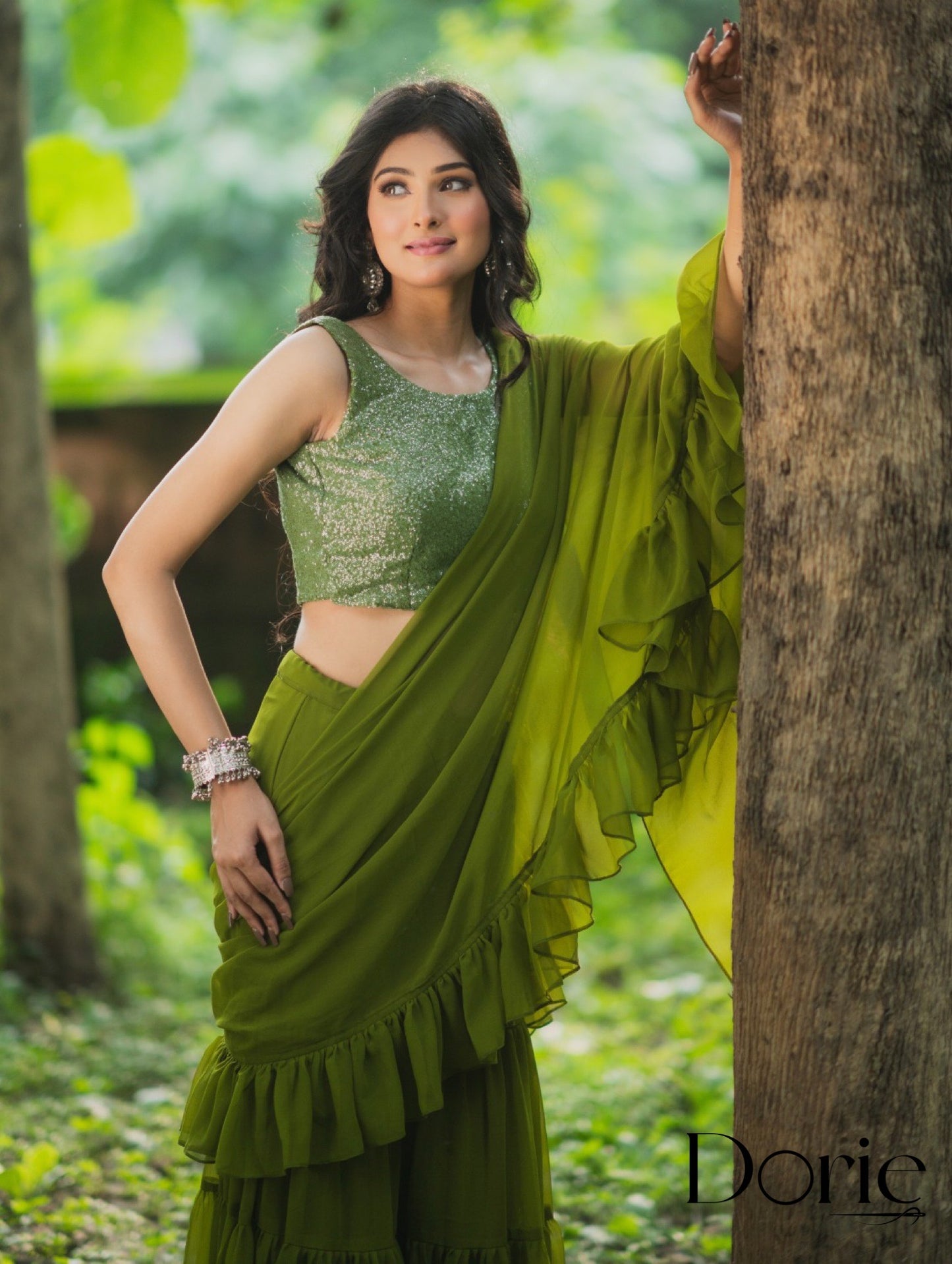 Green Georgette Pre Draped Sharara Saree by Dorie