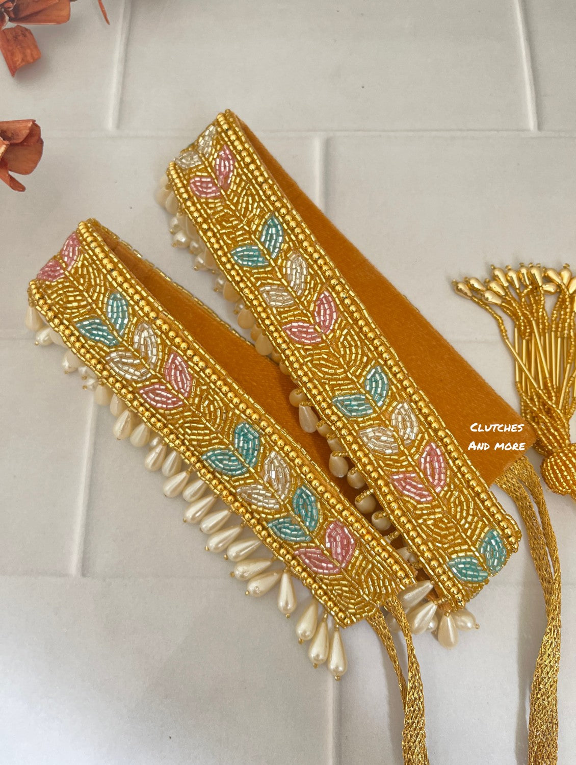 Gold waist belt with pearl tassels