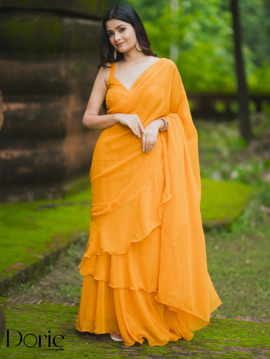 Yellow Georgette Pre Draped Saree by Dorie