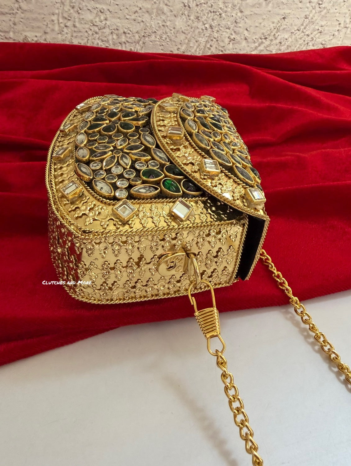 Kasika Kundan Brass Clutch Mini Gold Green