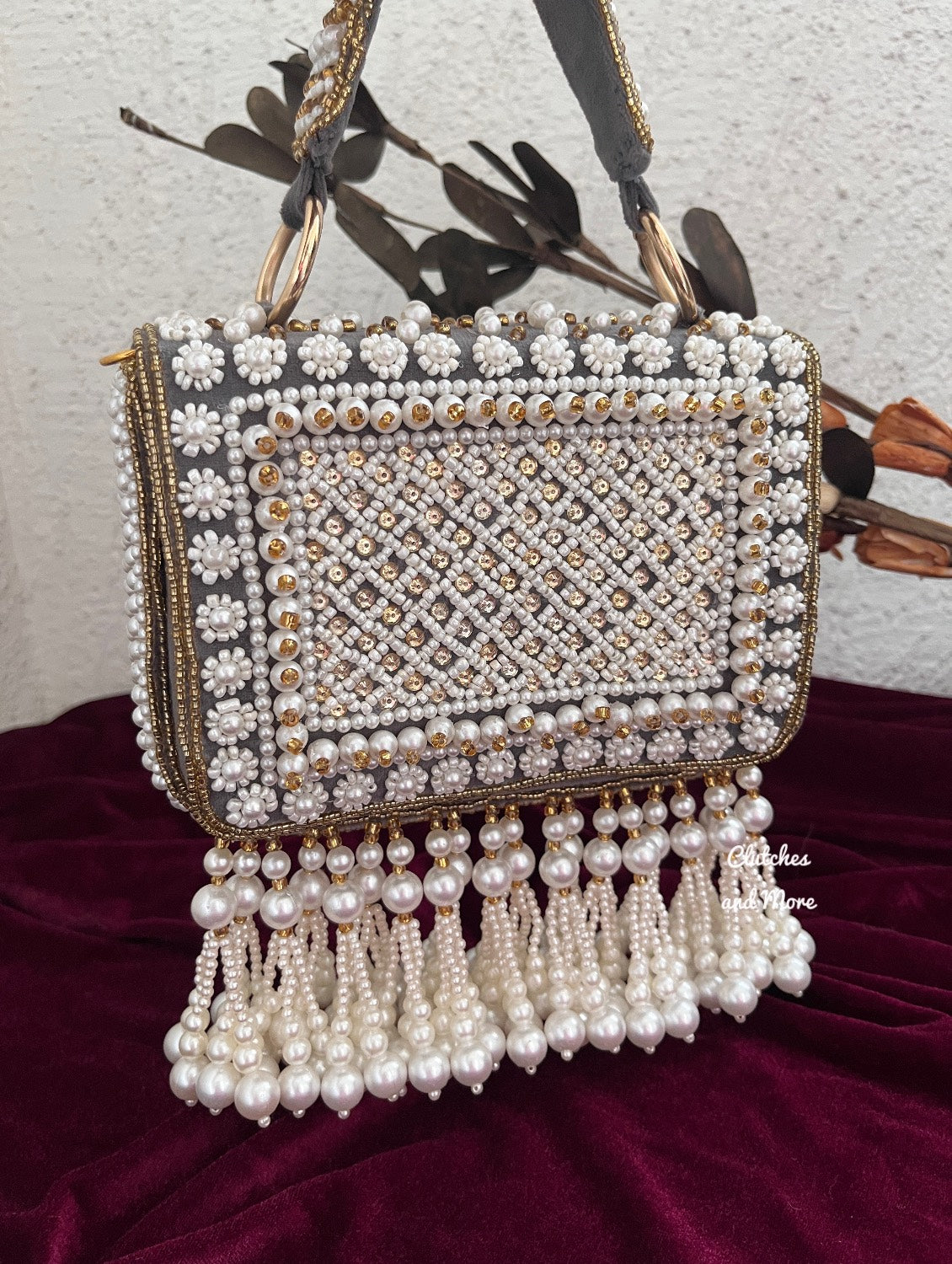 Premium Pearl Tassel Flap Bag Grey