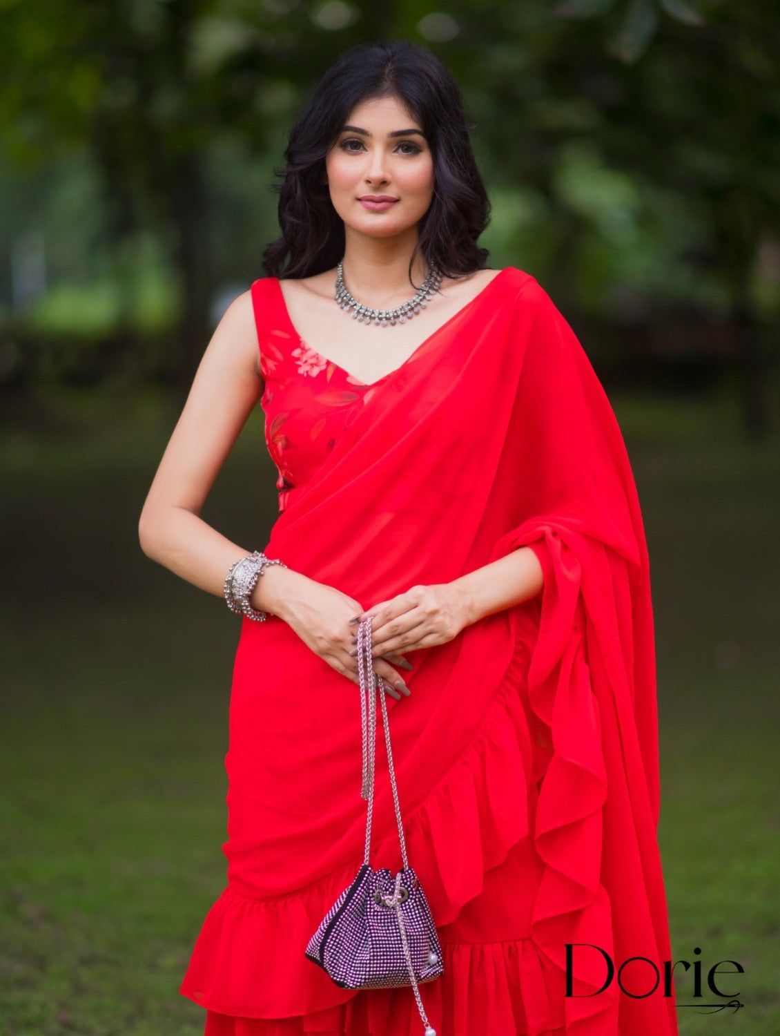 Red Georgette Pre Draped Saree by Dorie