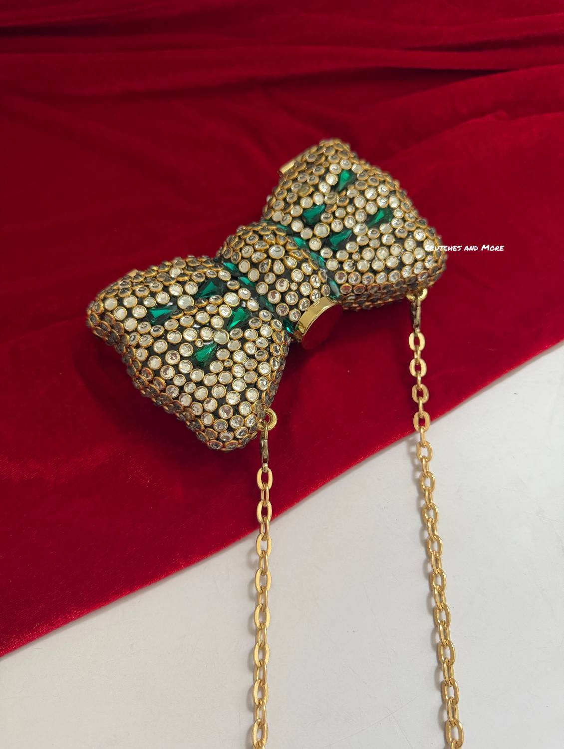 Kiana Kundan Bow Clutch Green Gold