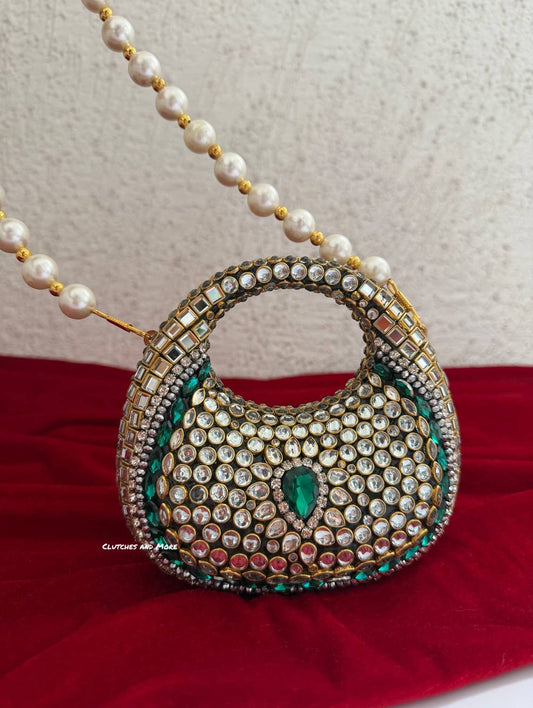 Kiana Kundan Clutch Mini Green Gold