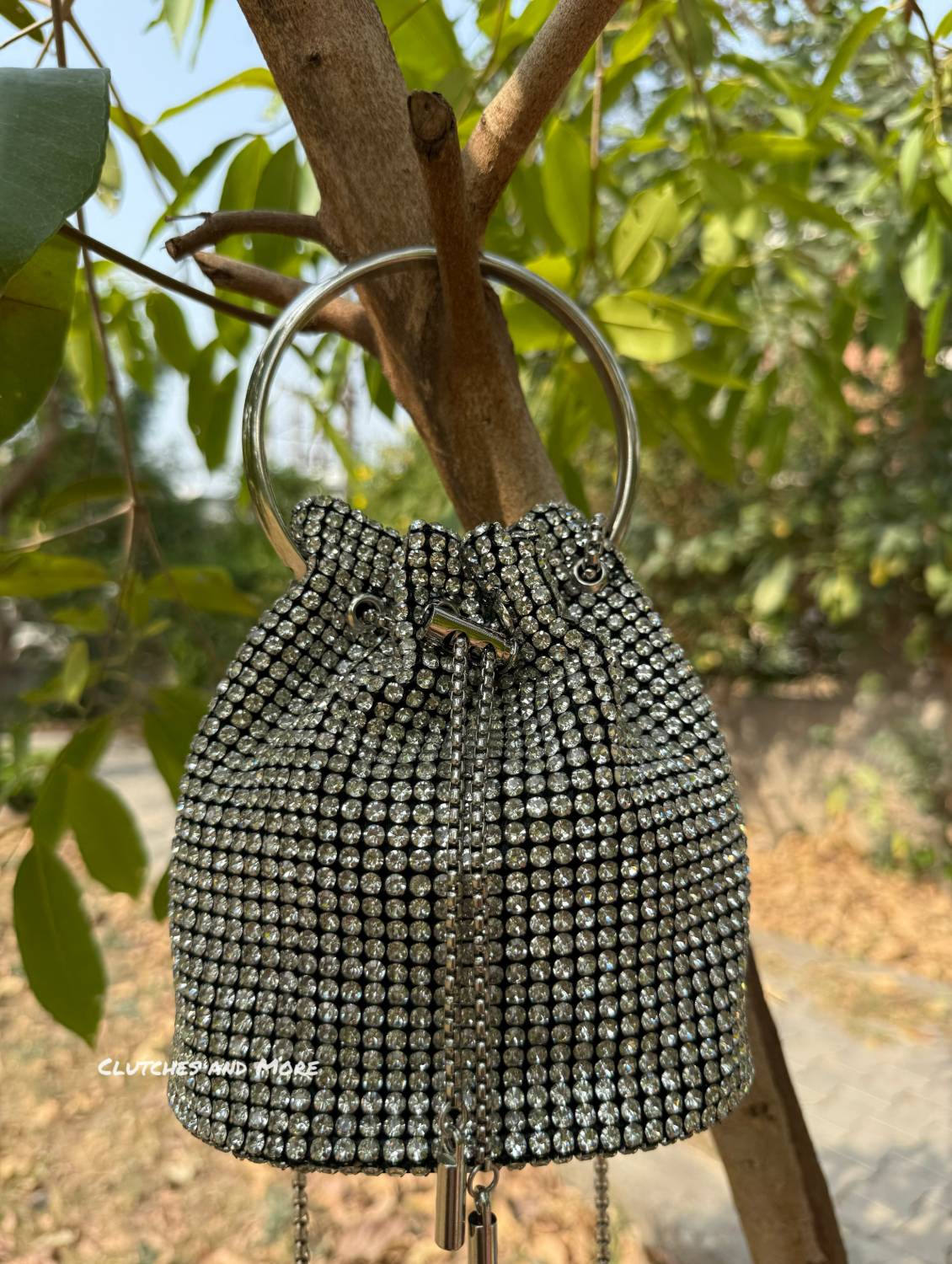 Hazel Rhinestone Bucket Bag Silver