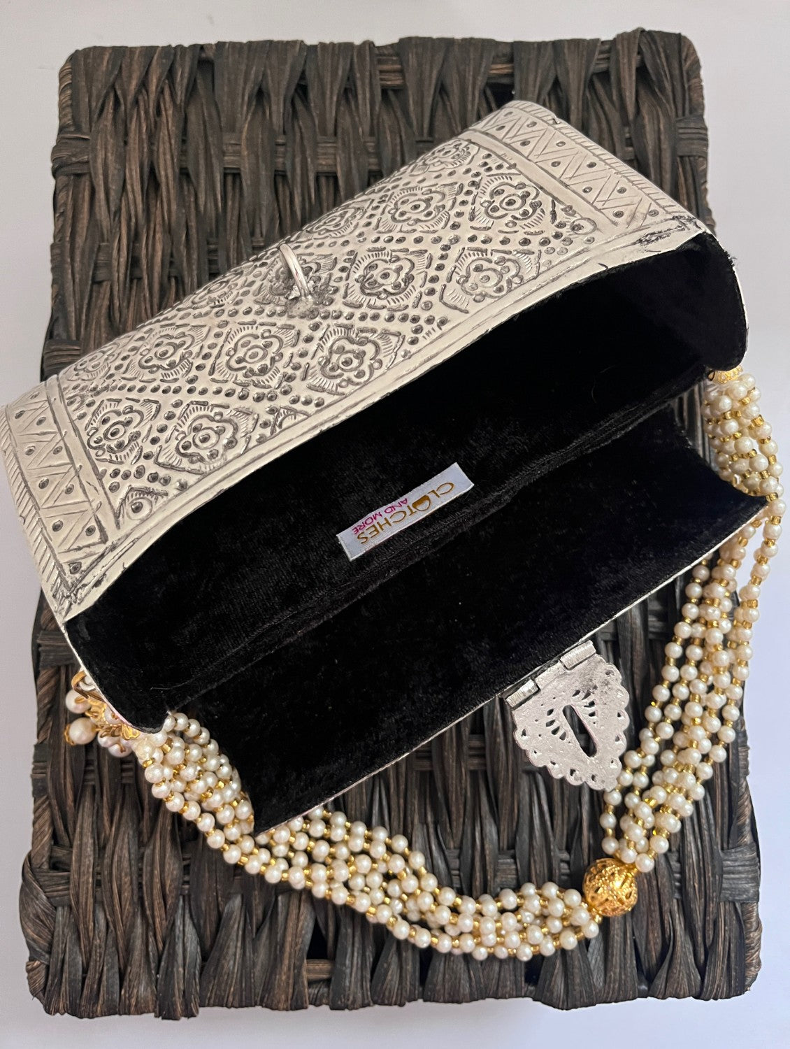 Silver Brass Clutch with Pearl Handle