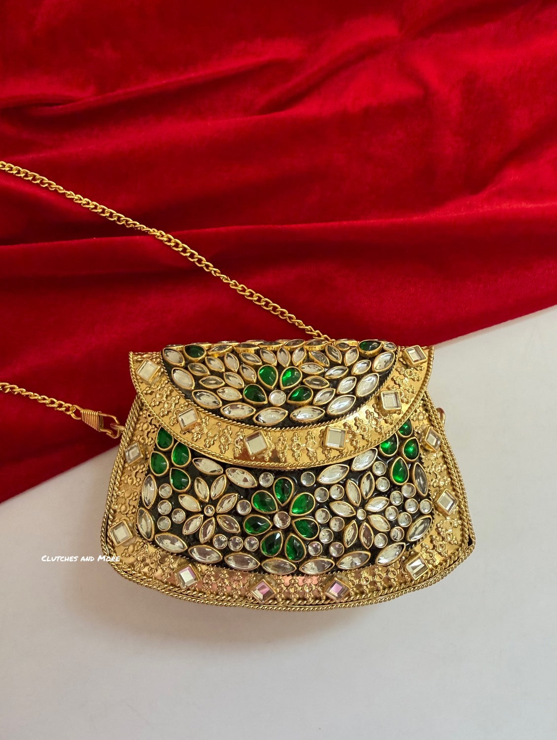 Kasika Kundan Brass Clutch Mini Gold Green