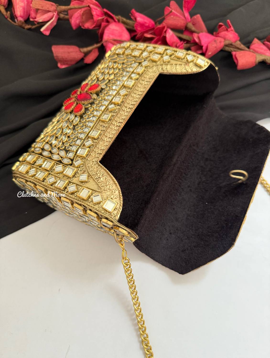Kashish Kundan Brass Clutch Gold Red