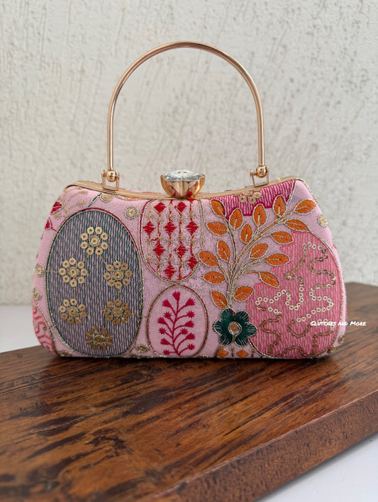 Lakhnawi Chikankari Box Clutch Pink