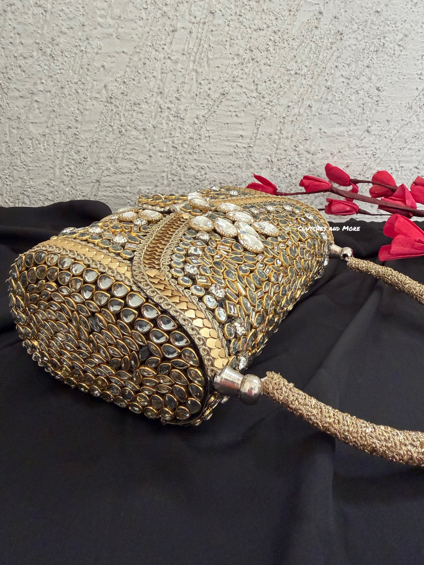 Mehnaaz Kundan Brass Clutch Gold White