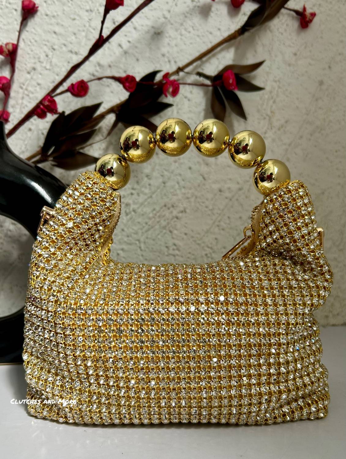 Rhinestone Gold Bag With Pearl Handle