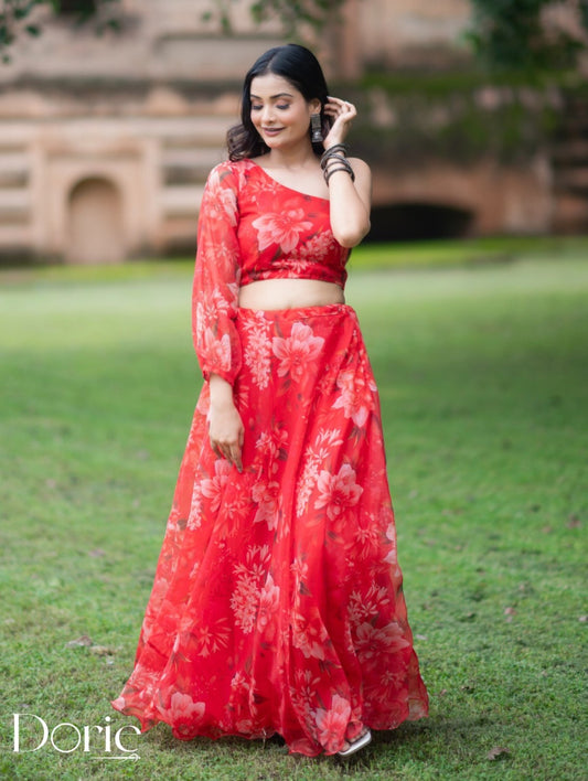 Red Organza Lehenga by Dorie