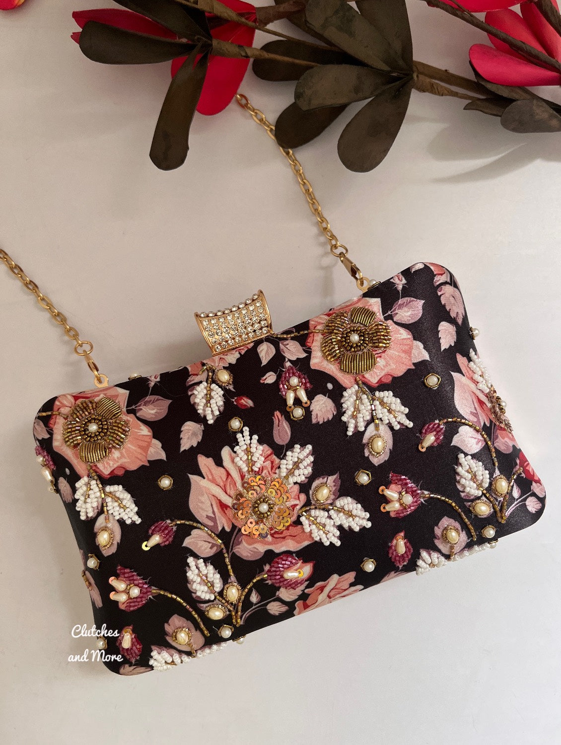 Poppy Black and multi Floral Clutch